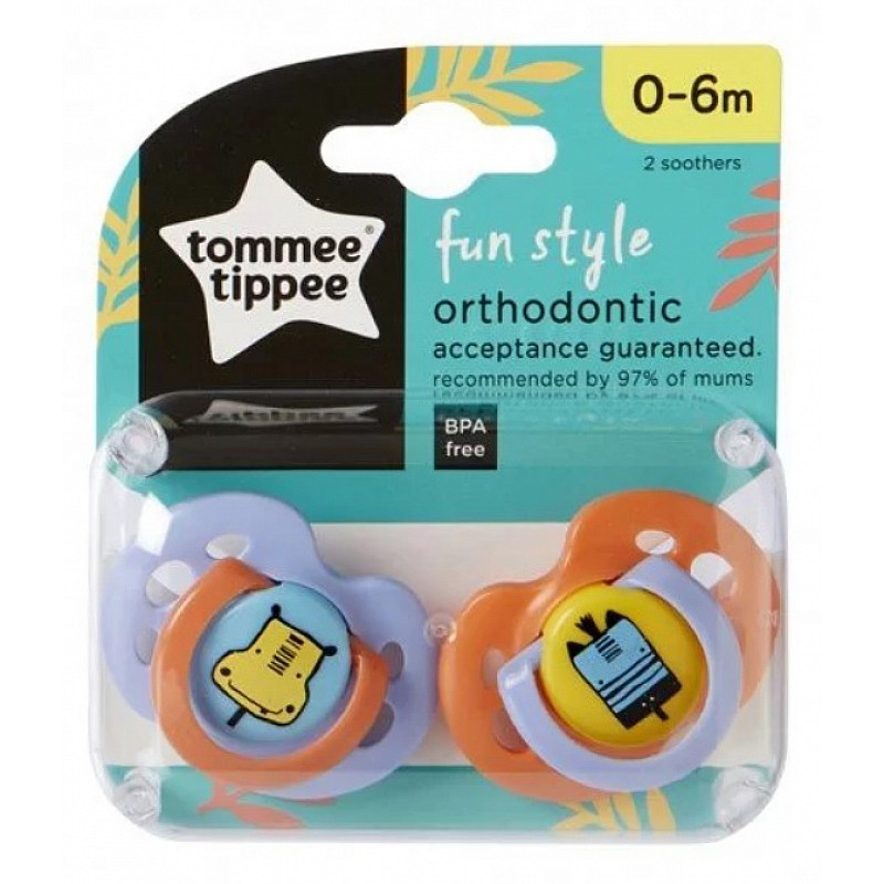 Tommee Tippee Ортодонтични залъгалки FunStyle 0-6m - 2 бр./оп. - Лилаво/Оранжево Tommee Tippee Ортодонтични залъгалки FunStyle 0-6m - 2 бр./оп. - Лилаво/Оранжево